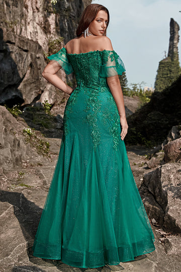Sirena Fuera del Hombro Verde Escuro Vestido de Fiesta Con Apliques